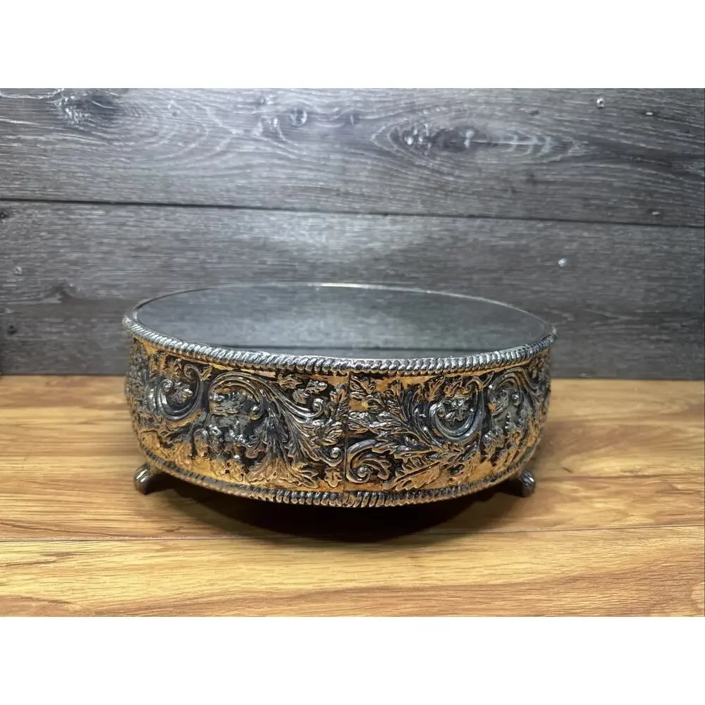 Studio Silversmiths Silver Plated Mirror 12in Round Floral Cake Stand